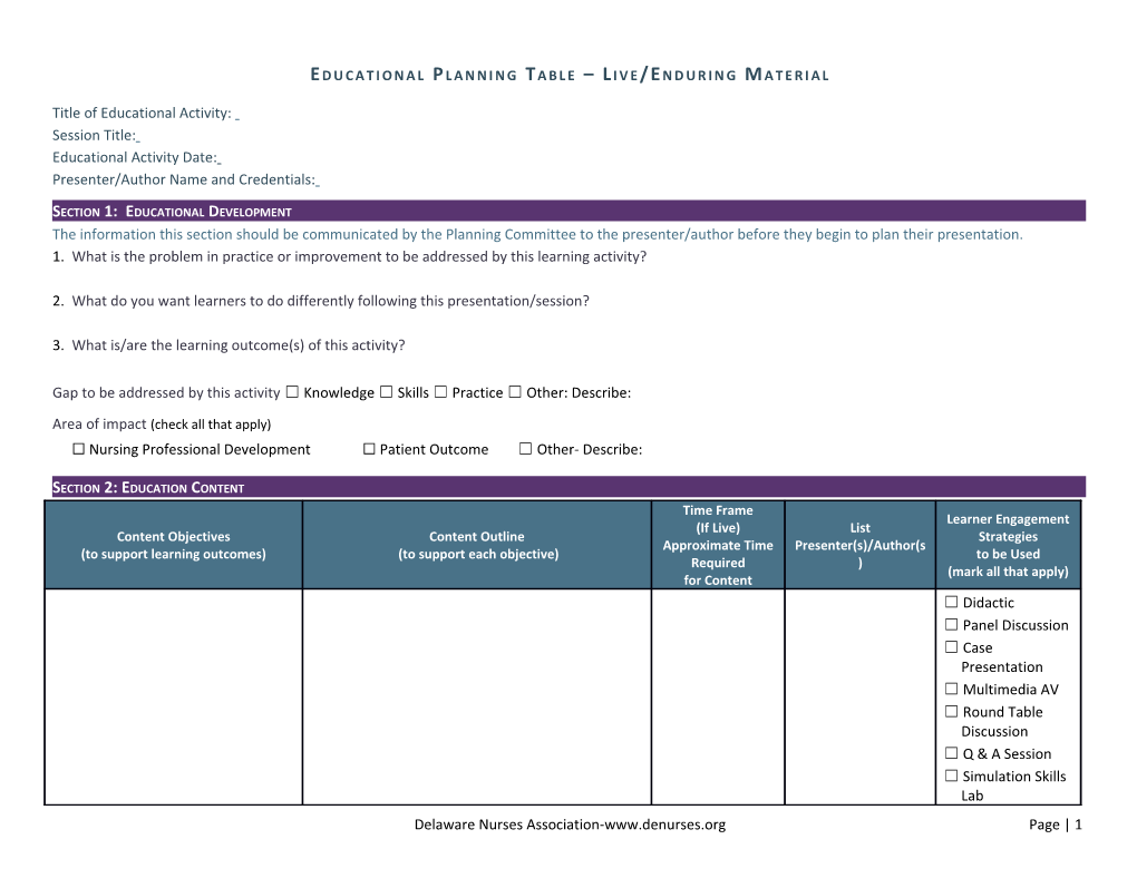 Educational Planning Table Live/Enduring Material