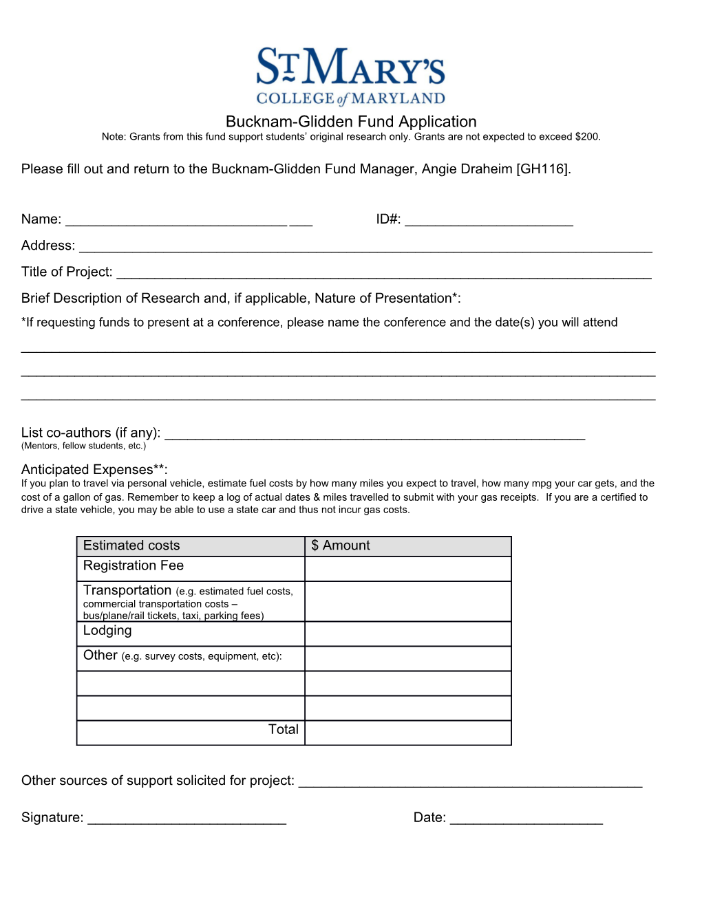 Bucknam-Glidden Fund Application