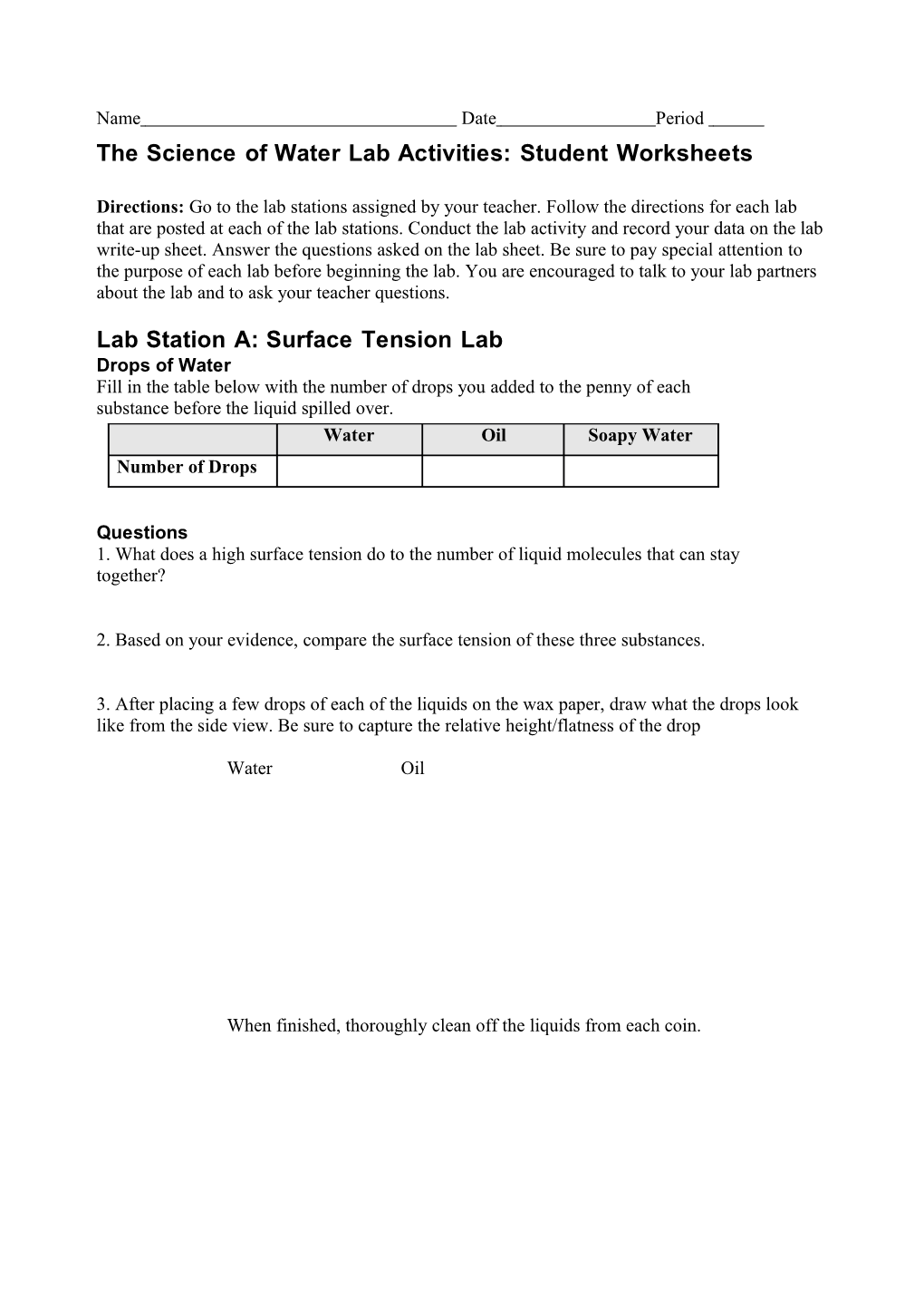 The Science of Water Lab Activities: Student Worksheets