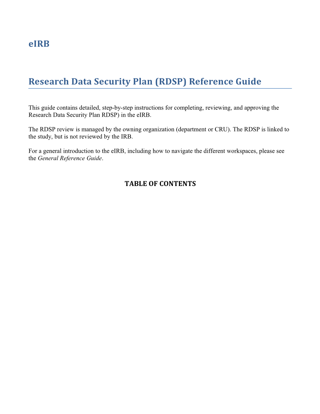 Research Data Security Plan (RDSP) Reference Guide