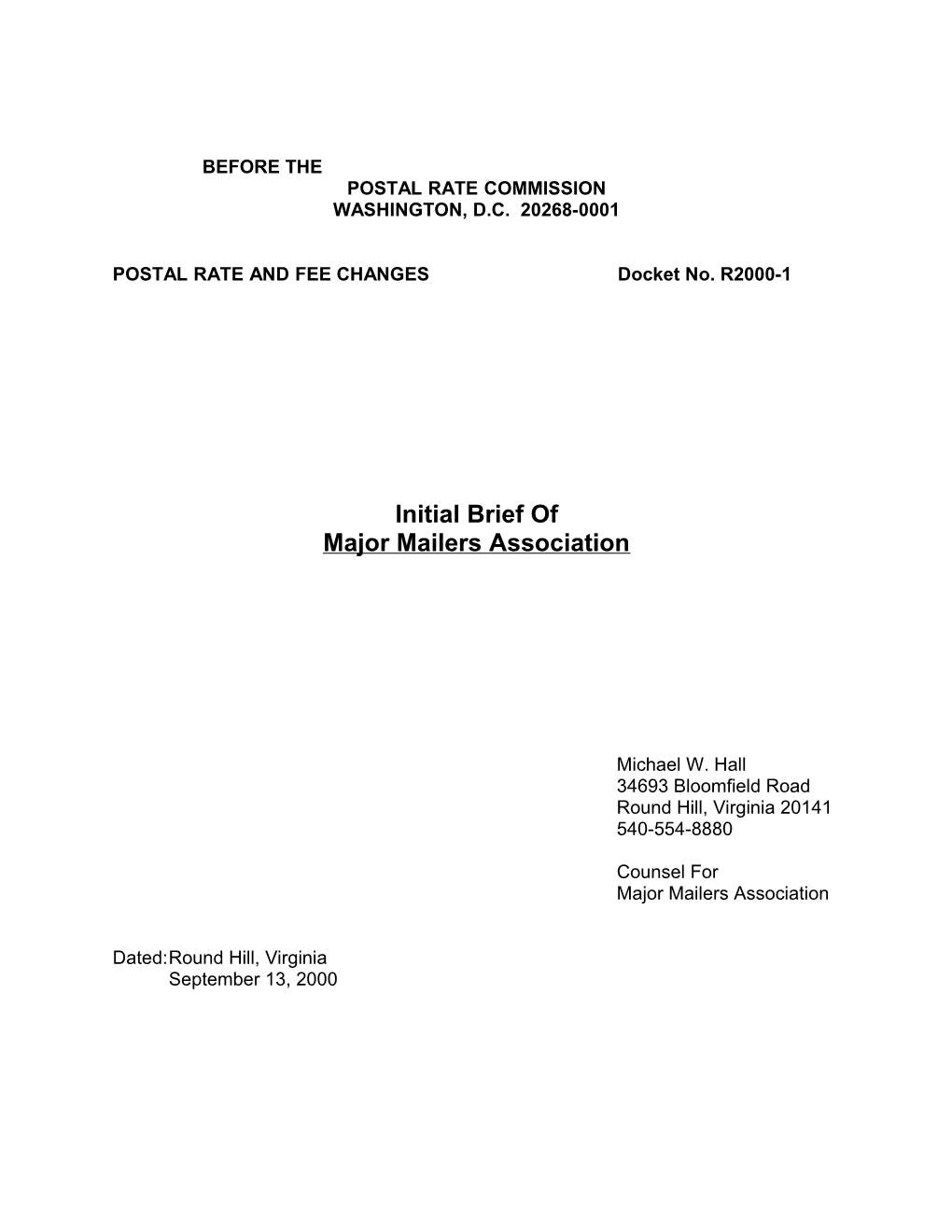 POSTAL RATE and FEE CHANGES Docket No. R2000-1