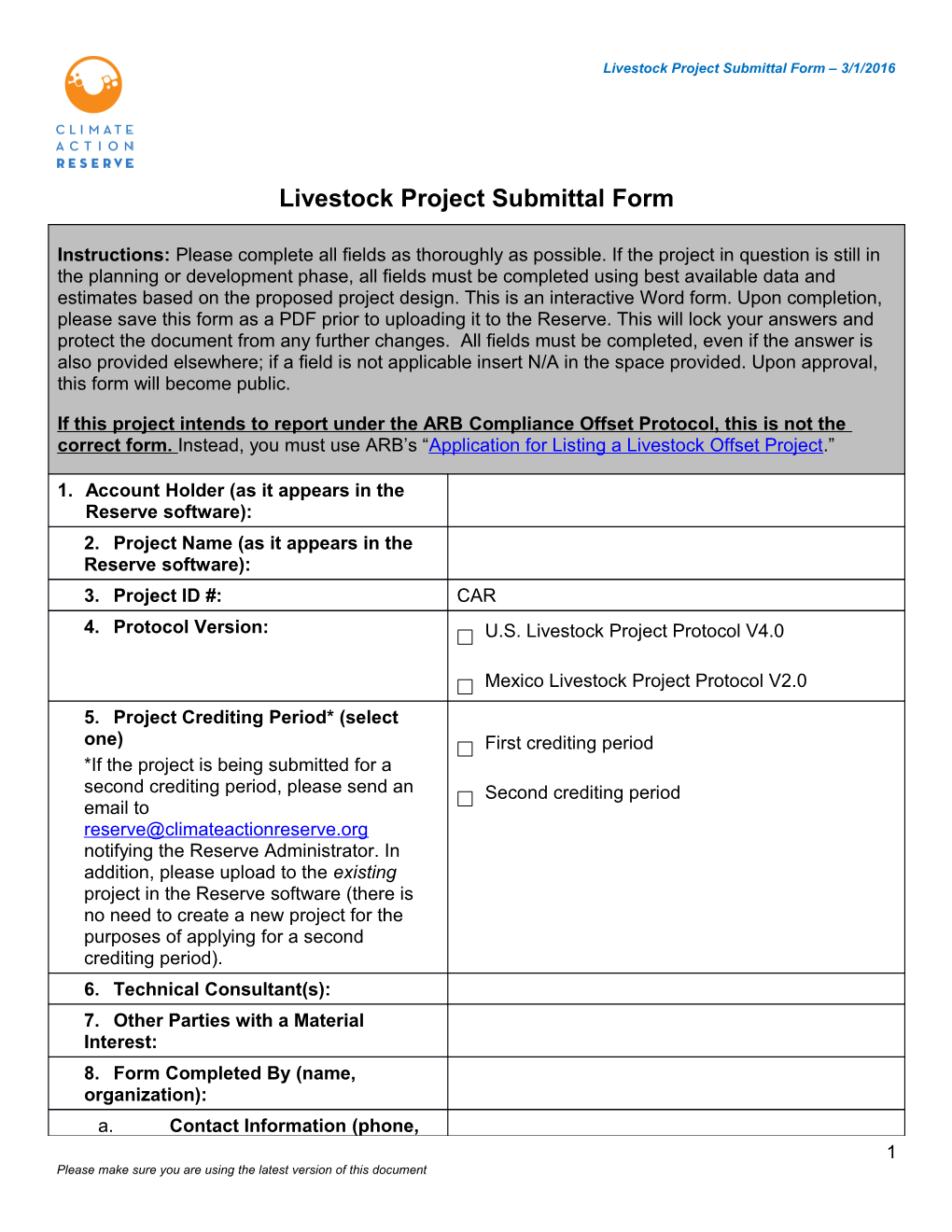 Livestock Project Submittal Form