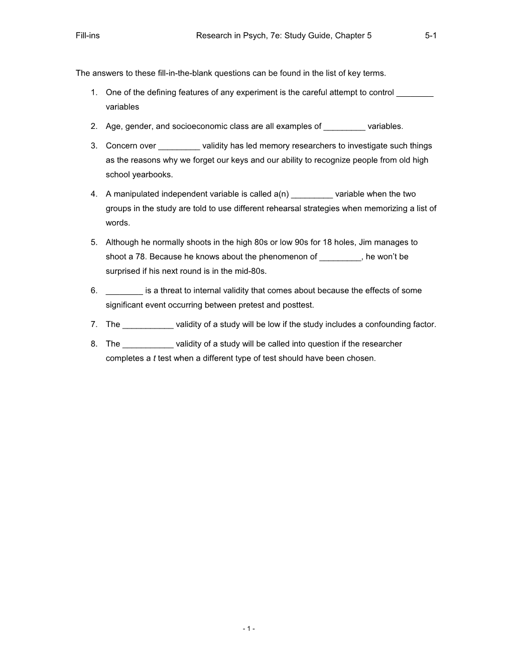 Fill-Ins Research in Psych, 7E: Study Guide, Chapter 5 5-1