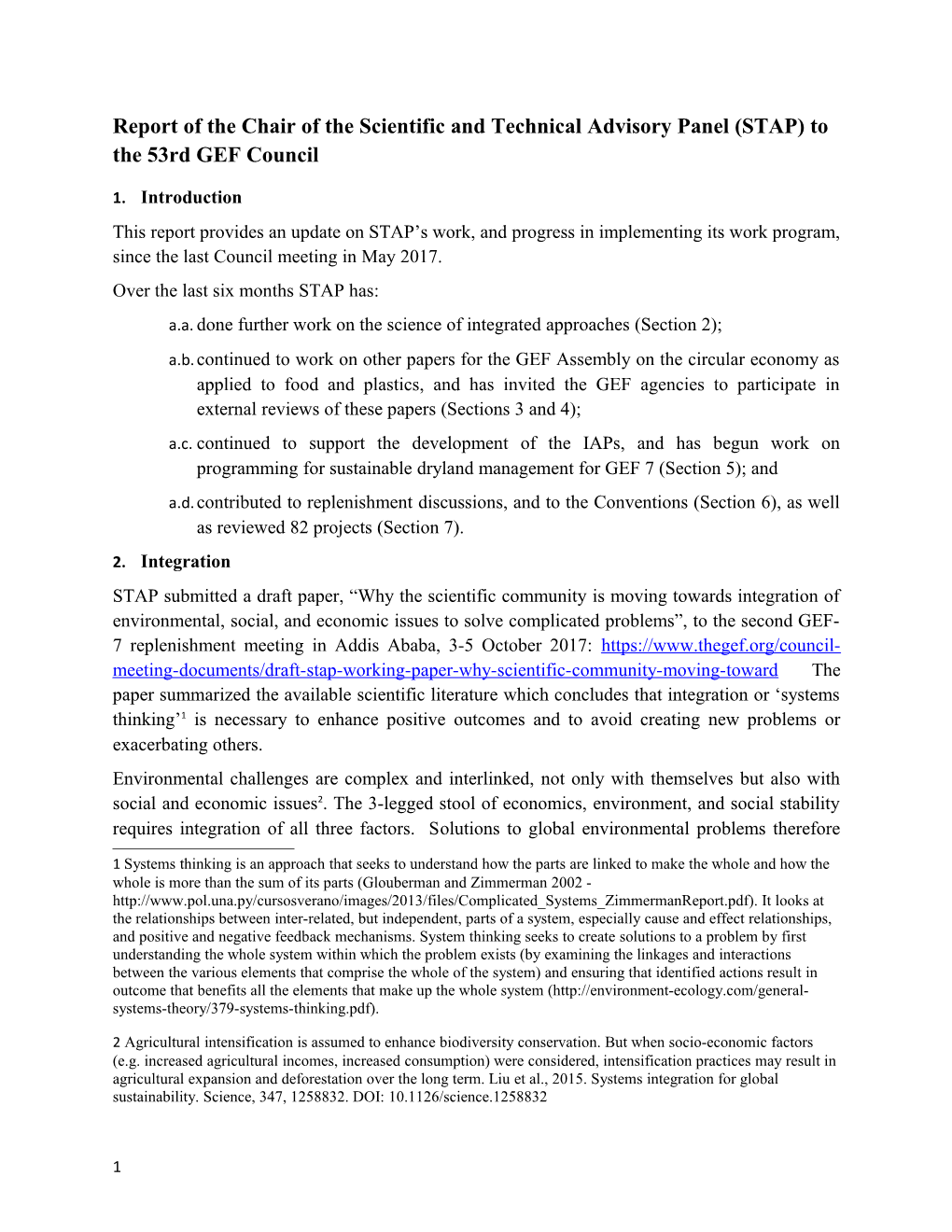 Report of the Chairof the Scientific and Technical Advisory Panel (STAP) to the 53Rd GEF