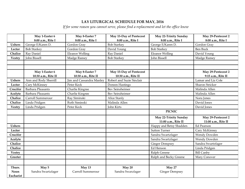 Lay Liturgical Schedule for May, 2016