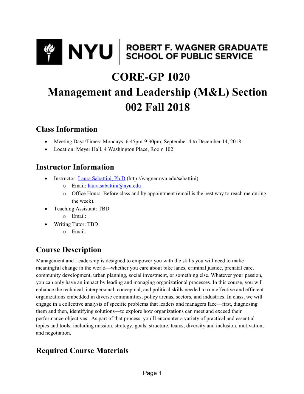 CORE-GP 1020Management and Leadership (M&L) Section 002 Fall 2018