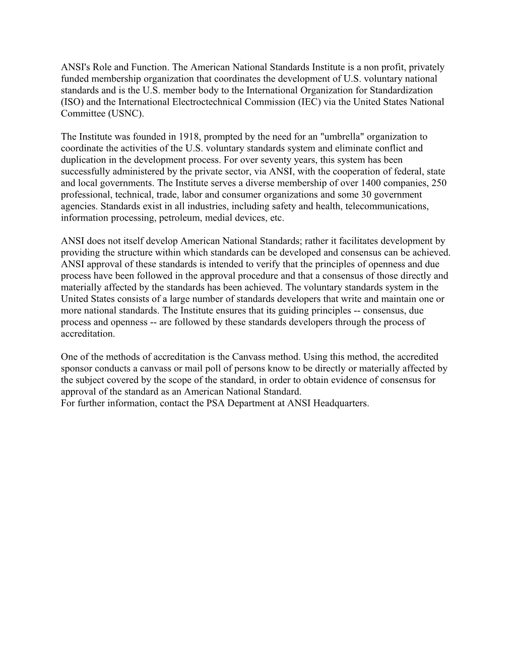 Annex D - ANSI's Role and Function the American National Standards Institute Is a Non Profit