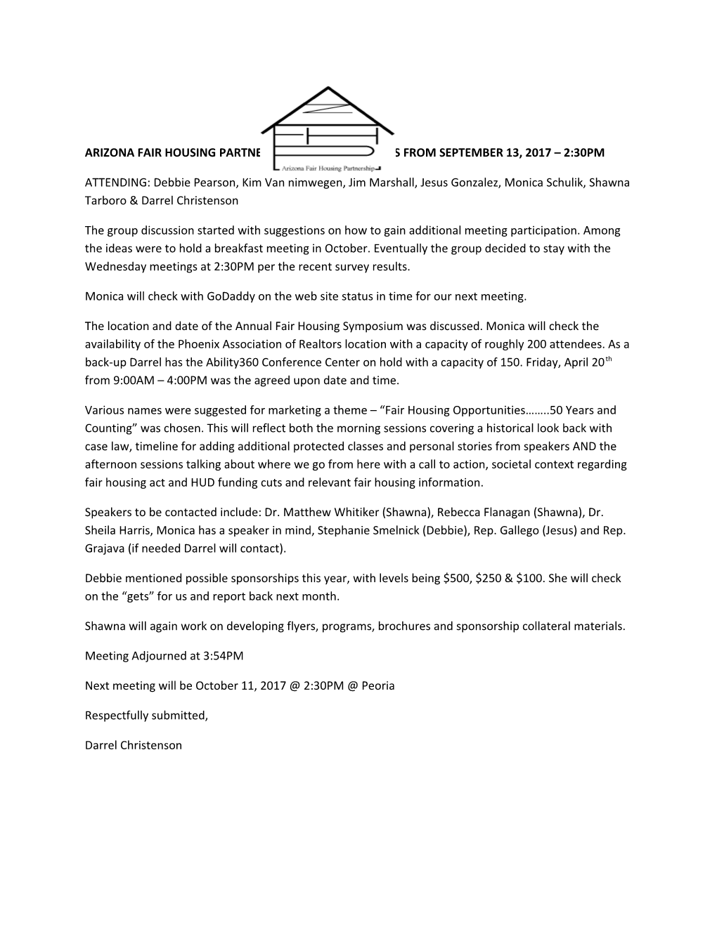 Arizona Fair Housing Partnership Meeting Minutes from September 13, 2017 2:30Pm