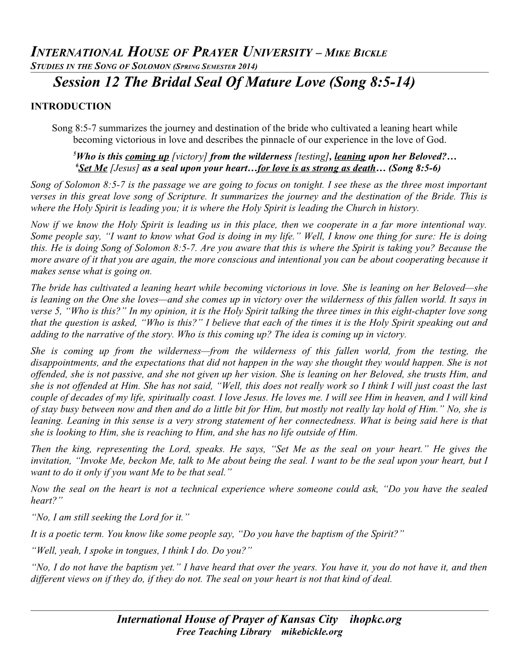 Session 12 the Bridal Seal of Mature Love (Song 8:5-14)