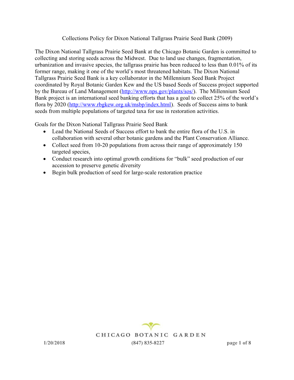 Collections Policy for Dixon National Tallgrass Prairie Seed Bank (2009)