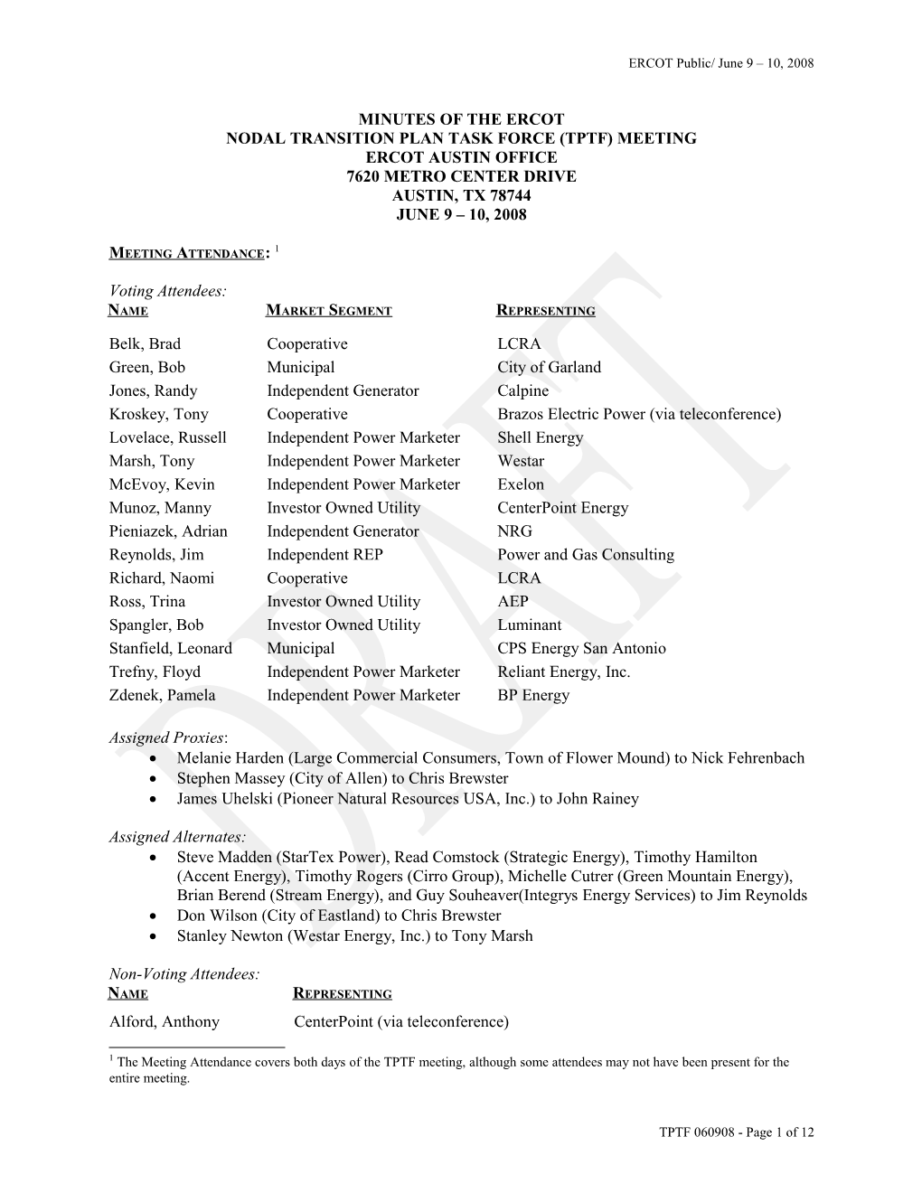 TPTF Draft Agenda Items: April 21 April 22, 2008