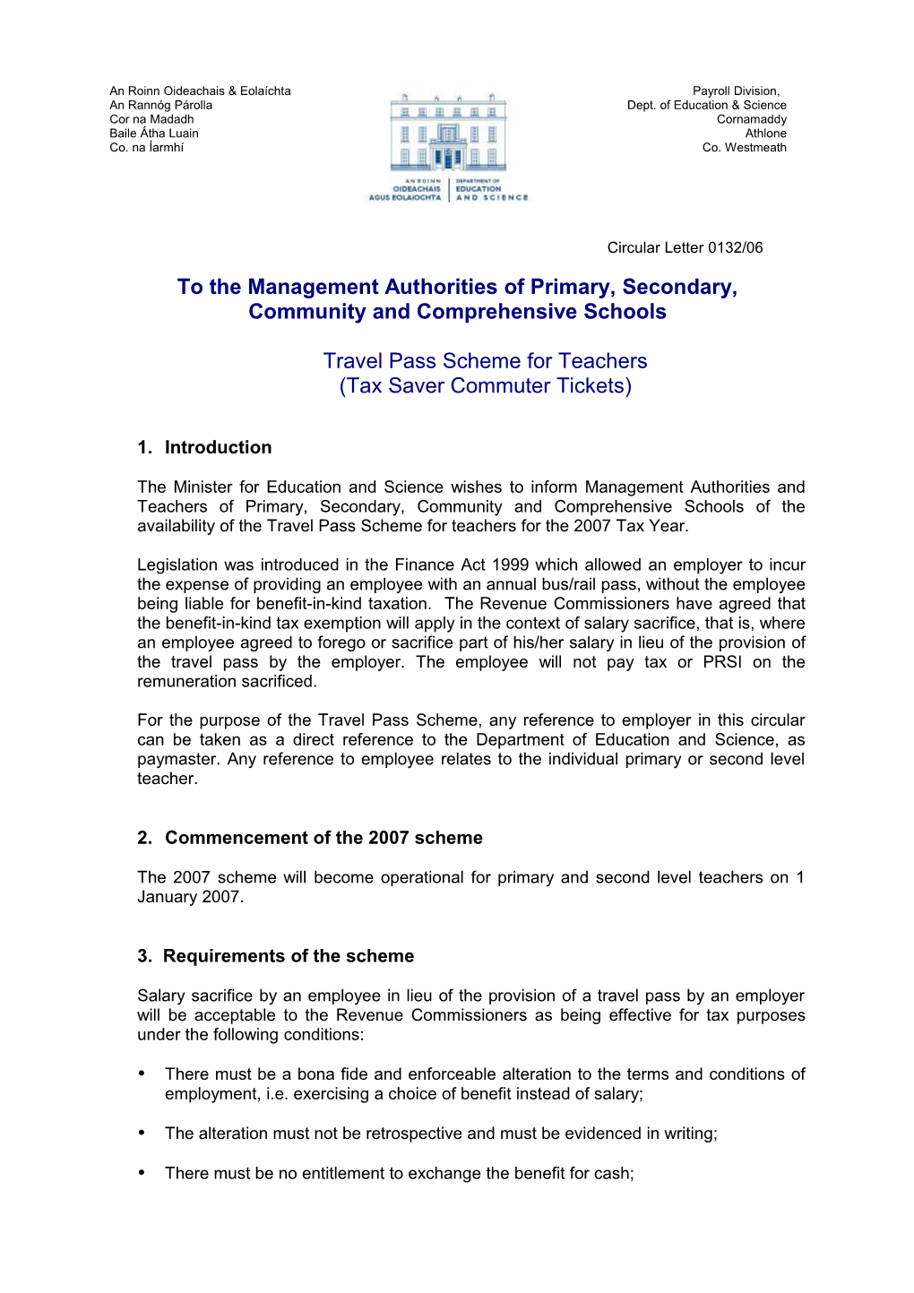 Circular 132/2006 - Travel Pass Scheme for Teachers - Primary, Secondary, Community And