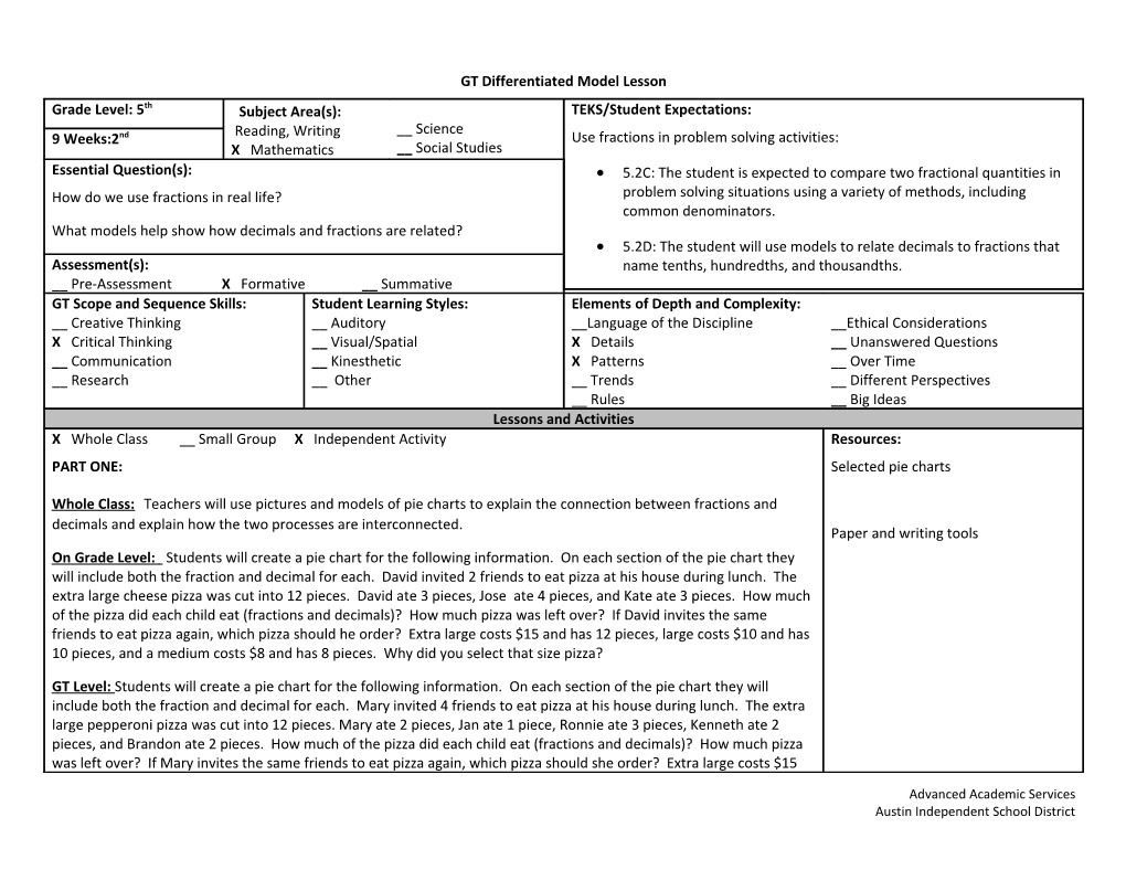 GT Differentiated Model Lesson