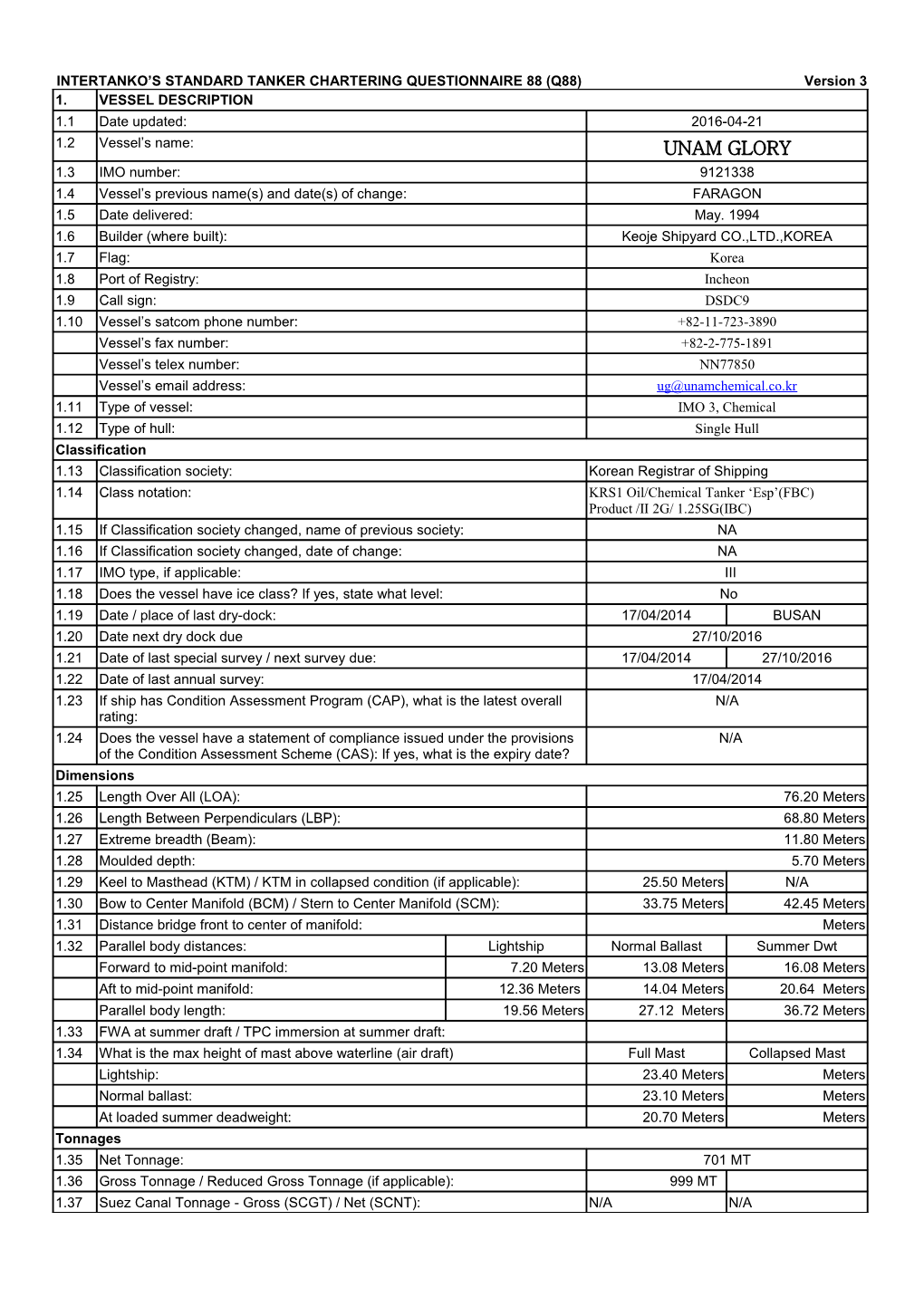 INTERTANKO S STANDARD TANKER CHARTERING QUESTIONNAIRE 88 (Q88) Version 3