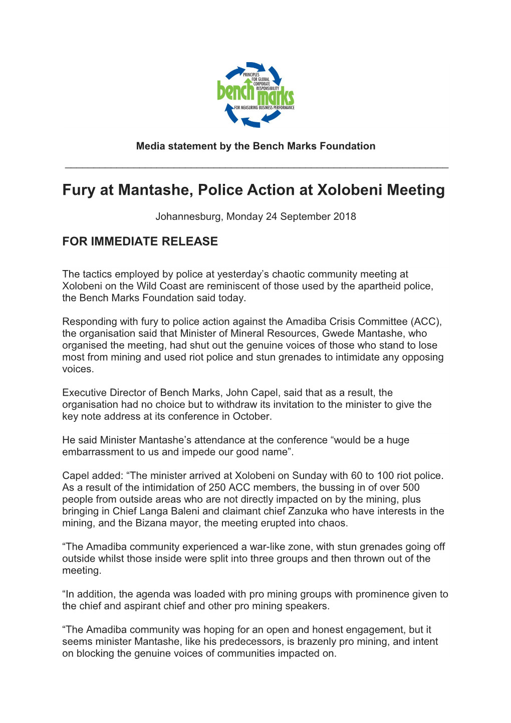 Fury at Mantashe, Police Action at Xolobeni Meeting