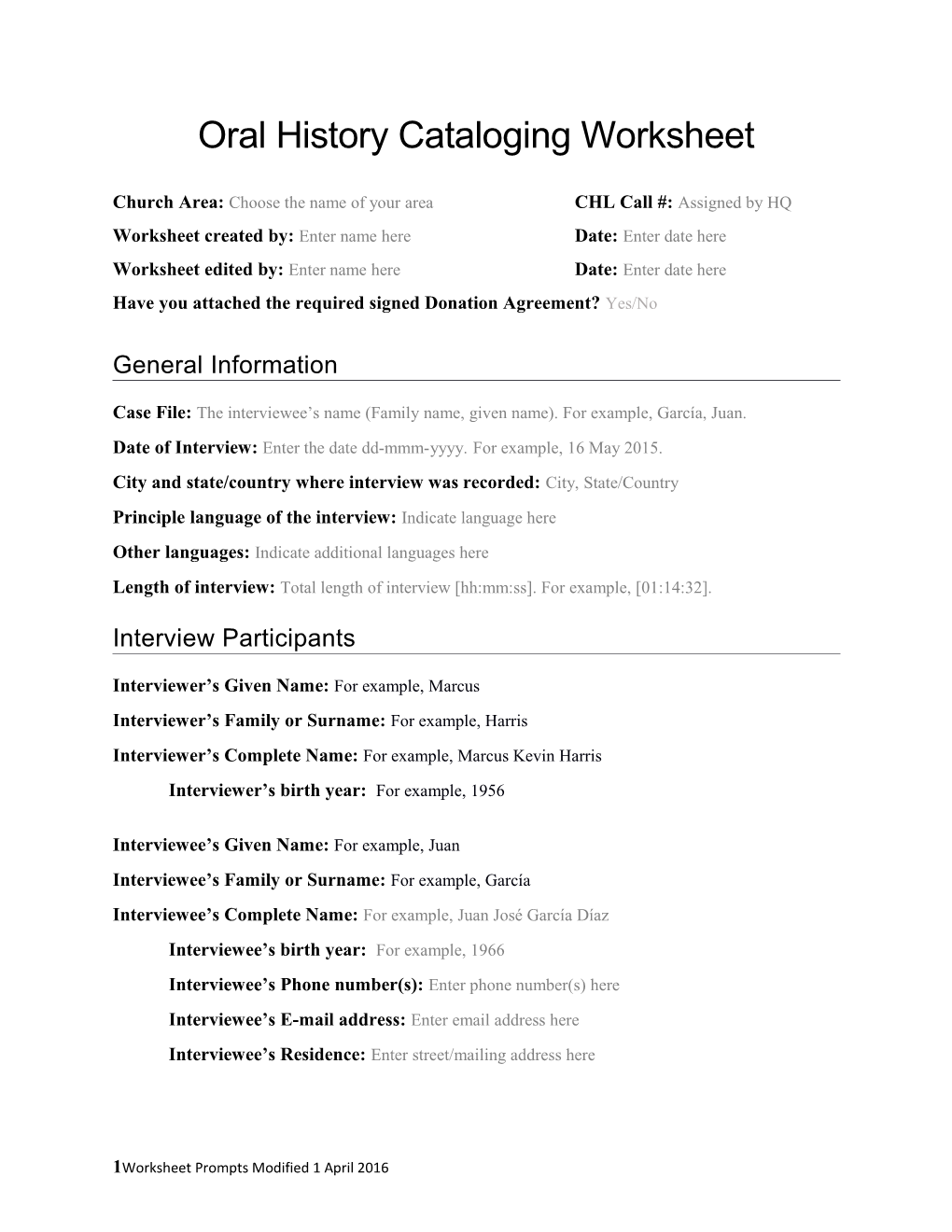 Oral History Cataloging Worksheet