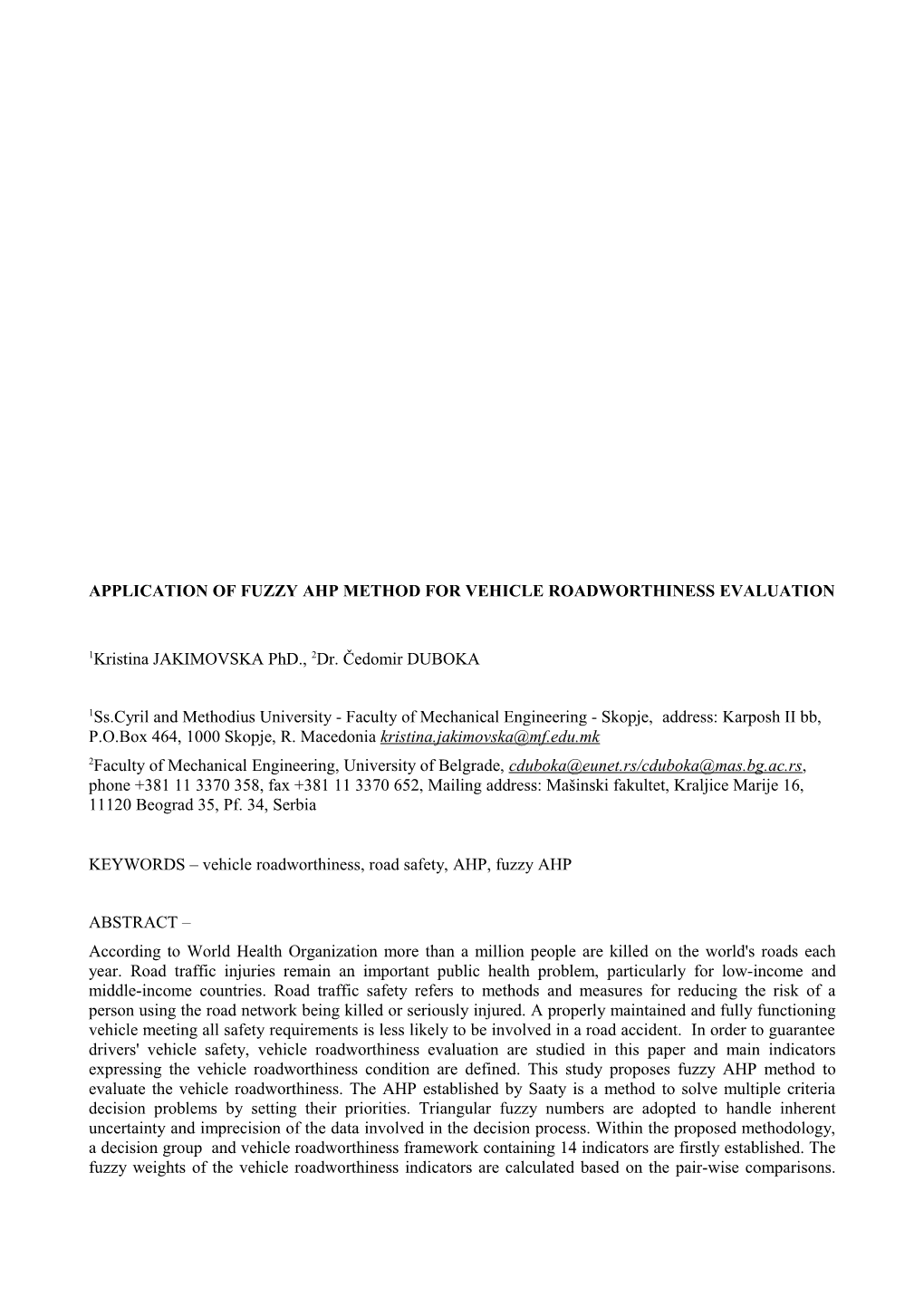 Application of Fuzzy Ahp Method for Vehicle Roadworthiness Evaluation