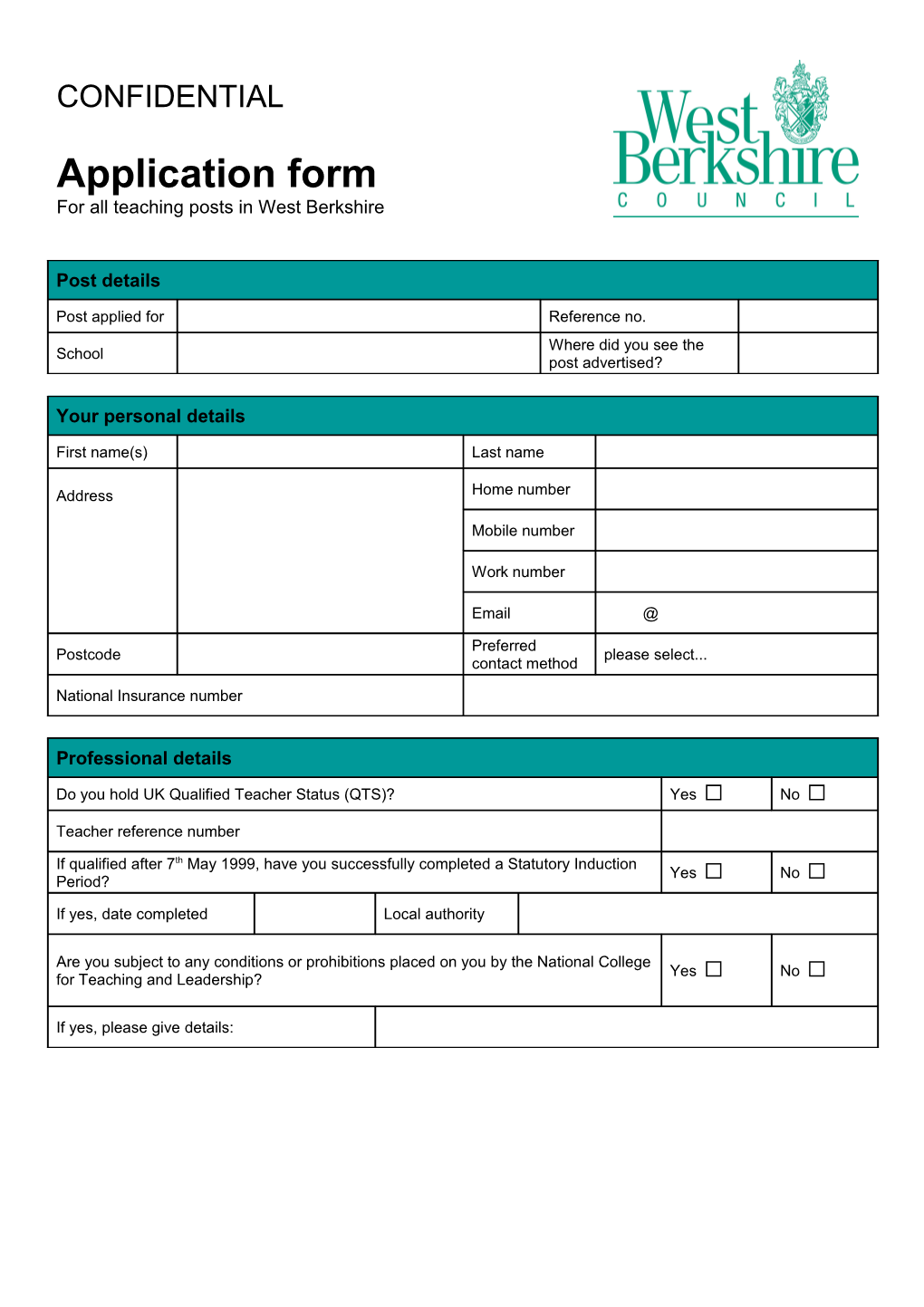 Application Form Teaching Posts in West Berkshire Page 2