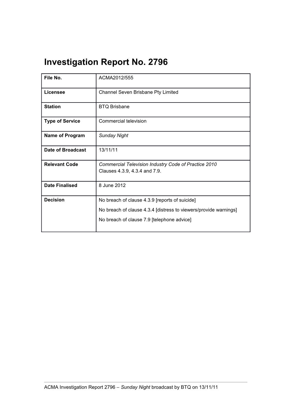 BTQ Brisbane - ACMA Investigation Report 2796