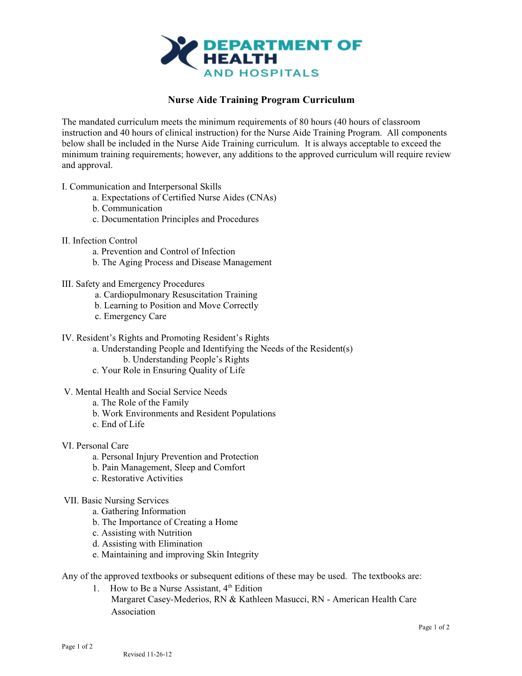 Nurse Aide Training Program Curriculum