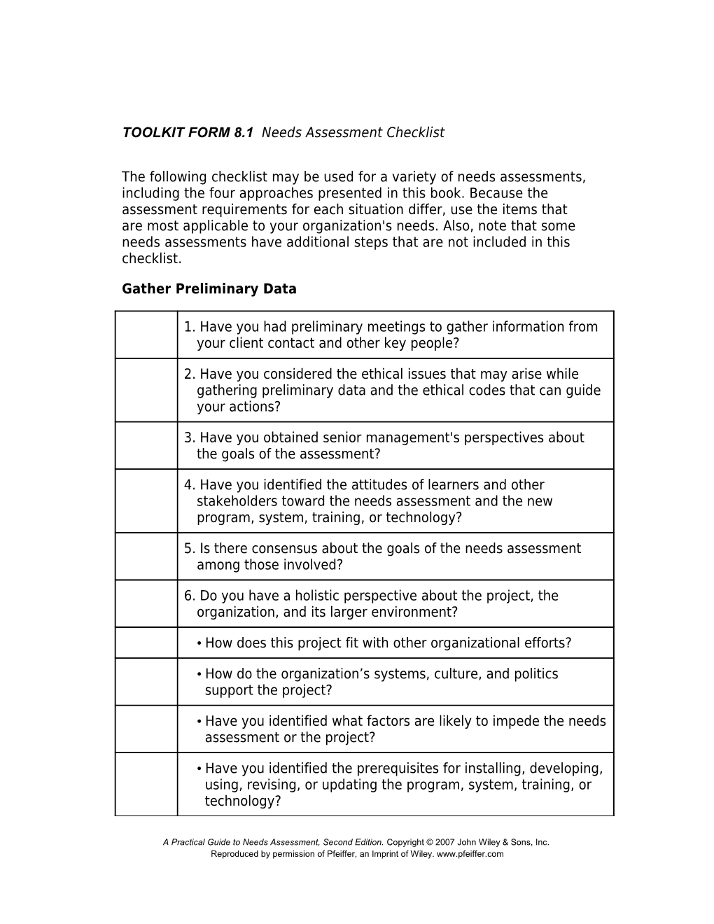 TOOLKIT FORM 8.1 Needs Assessment Checklist