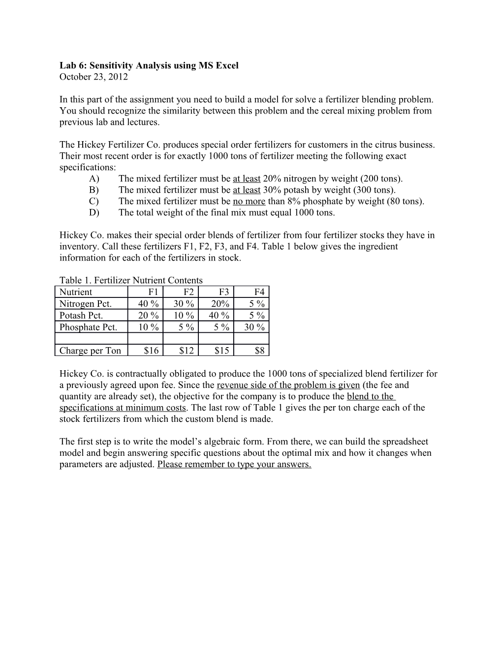 Lab 6: Sensitivity Analysis Using MS Excel