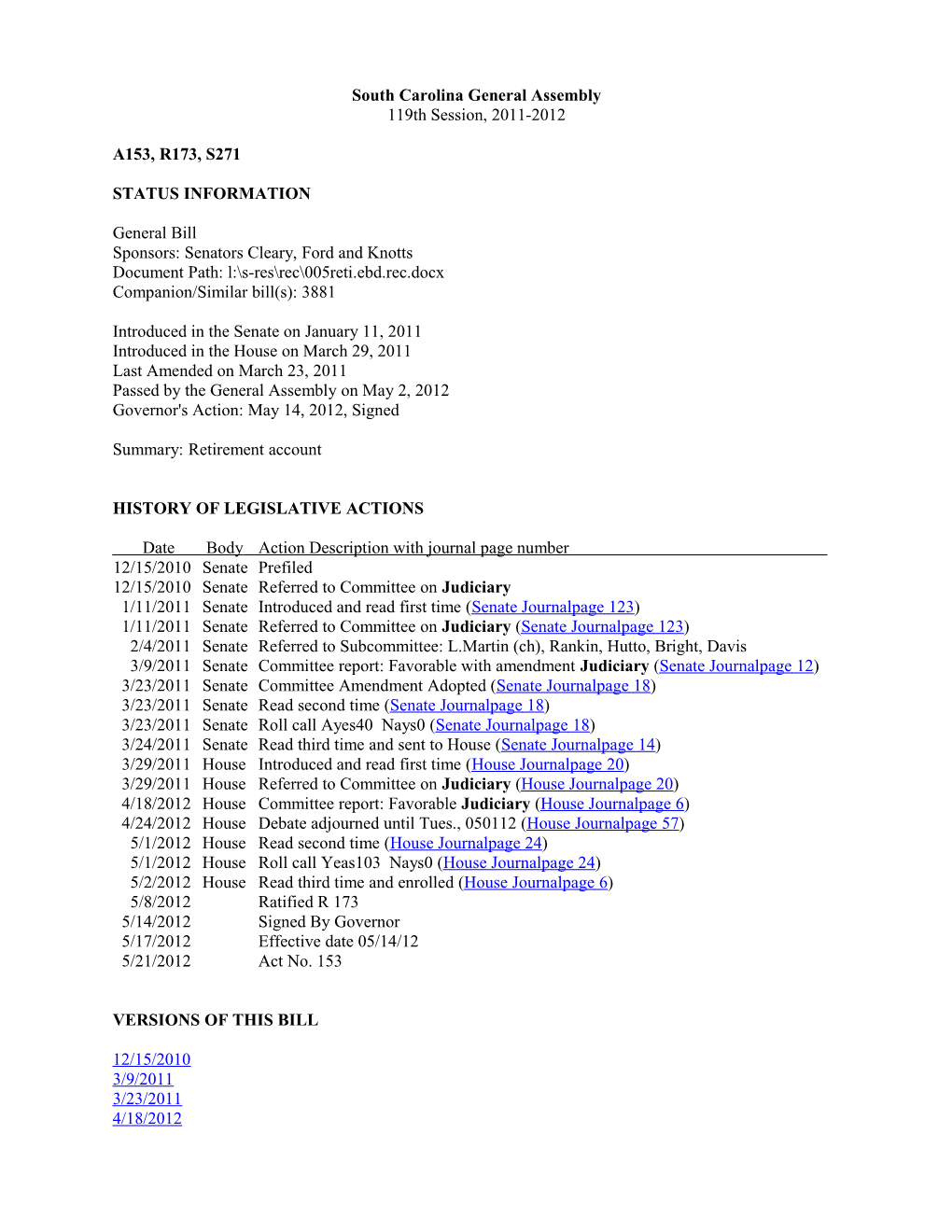 2011-2012 Bill 271: Retirement Account - South Carolina Legislature Online