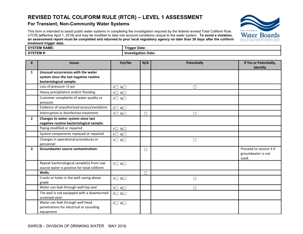 Transient Water Systems - Rtcr Level 1 Assessment s1