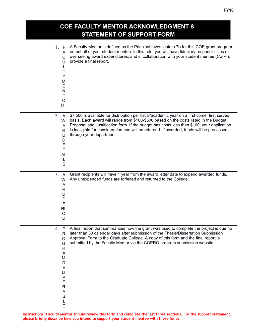 COE Faculty Mentor Acknowledgment & Statement of Support Form