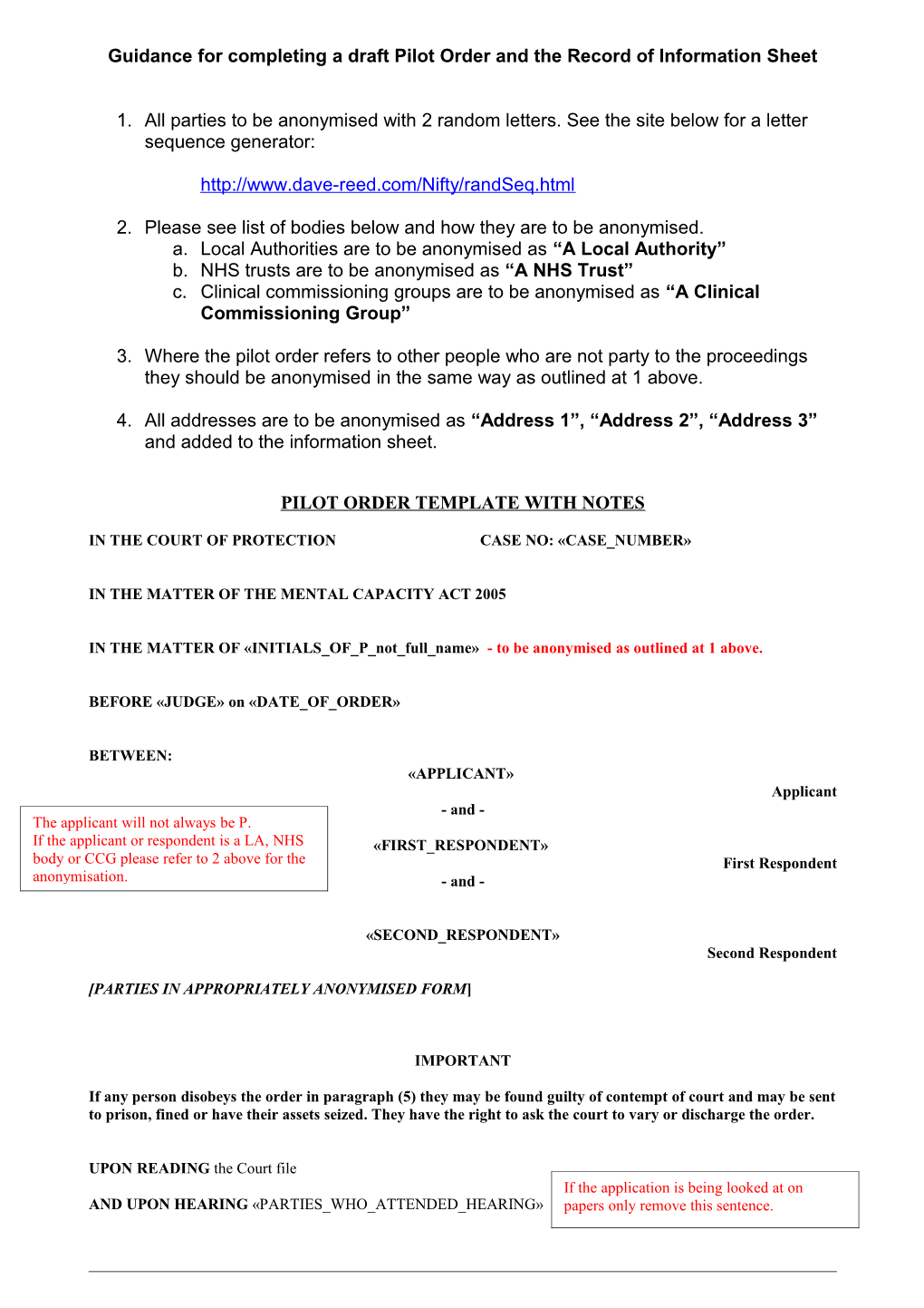 Guidance for Completing a Draft Pilot Order and the Record of Information Sheet