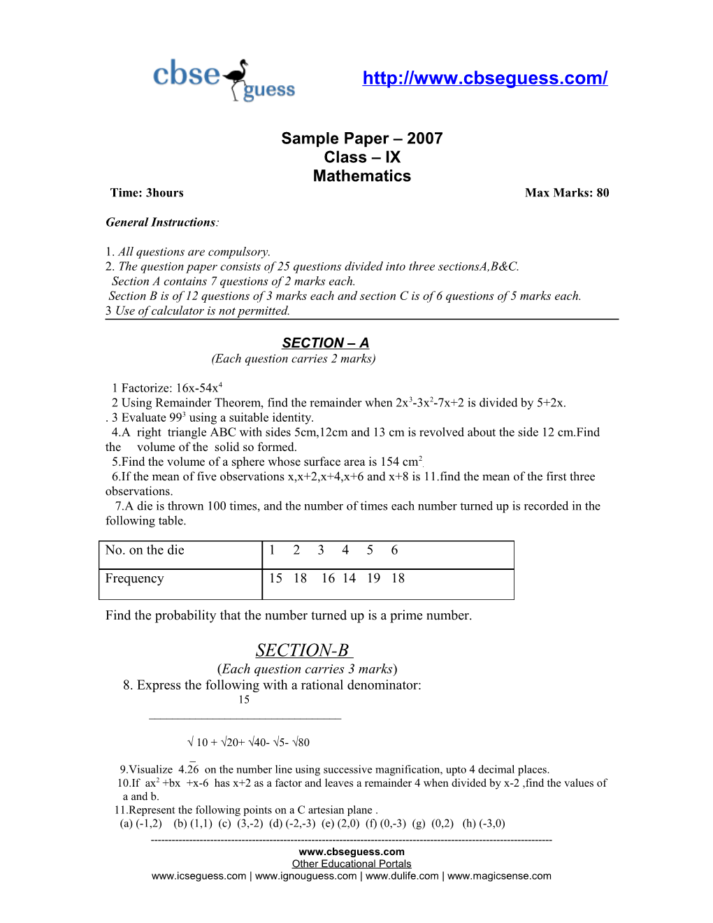 Model Test Paper 2006- 07 , Class IX