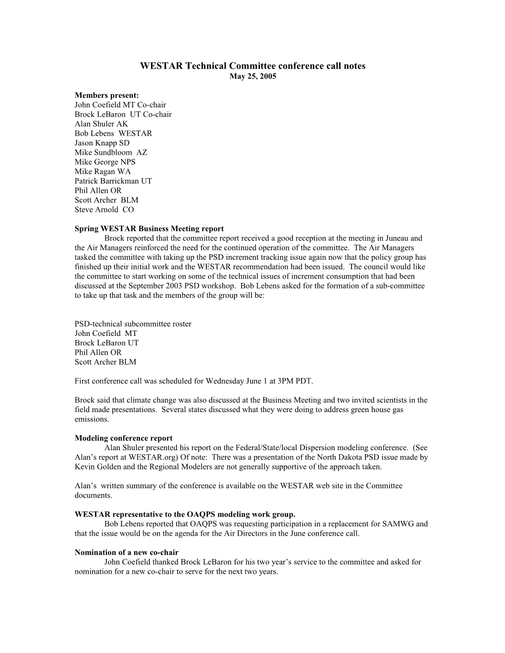 May 25, 2005 WESTAR Technical Committee Conference Call Notes