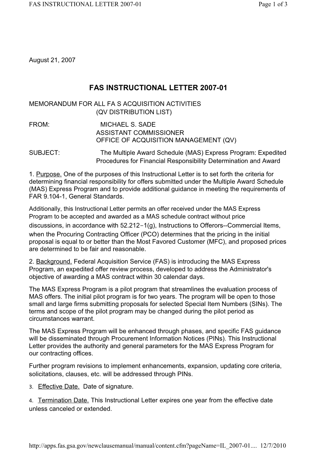 FAS INSTRUCTIONAL LETTER 2007-01 Page 1 of 3