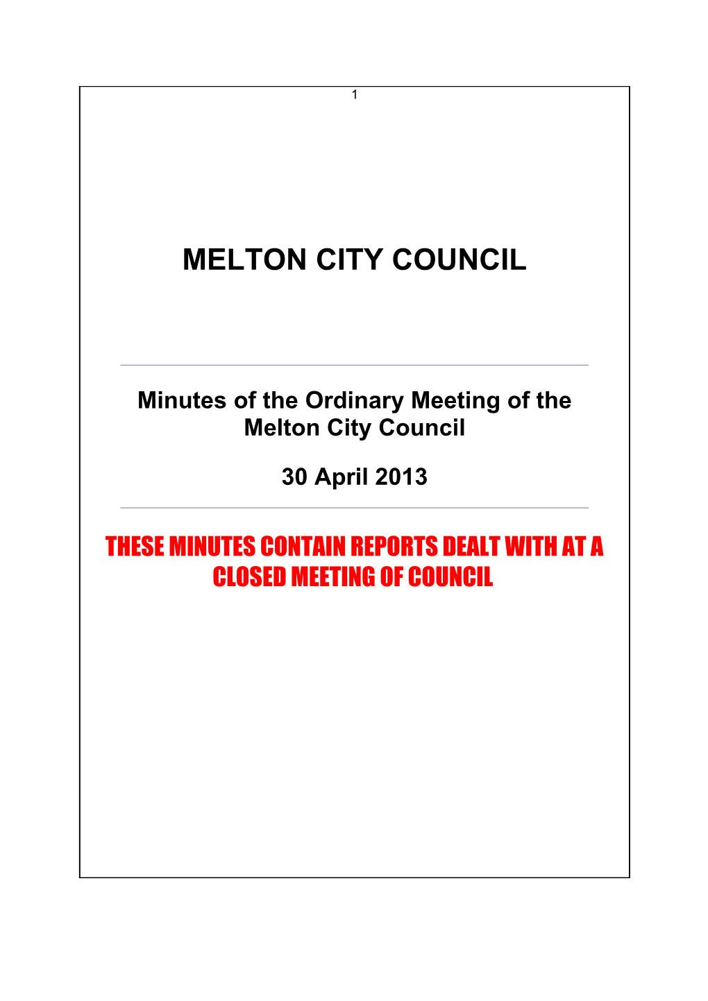 Minutes of Ordinary Meeting of Council - 30 April 2013
