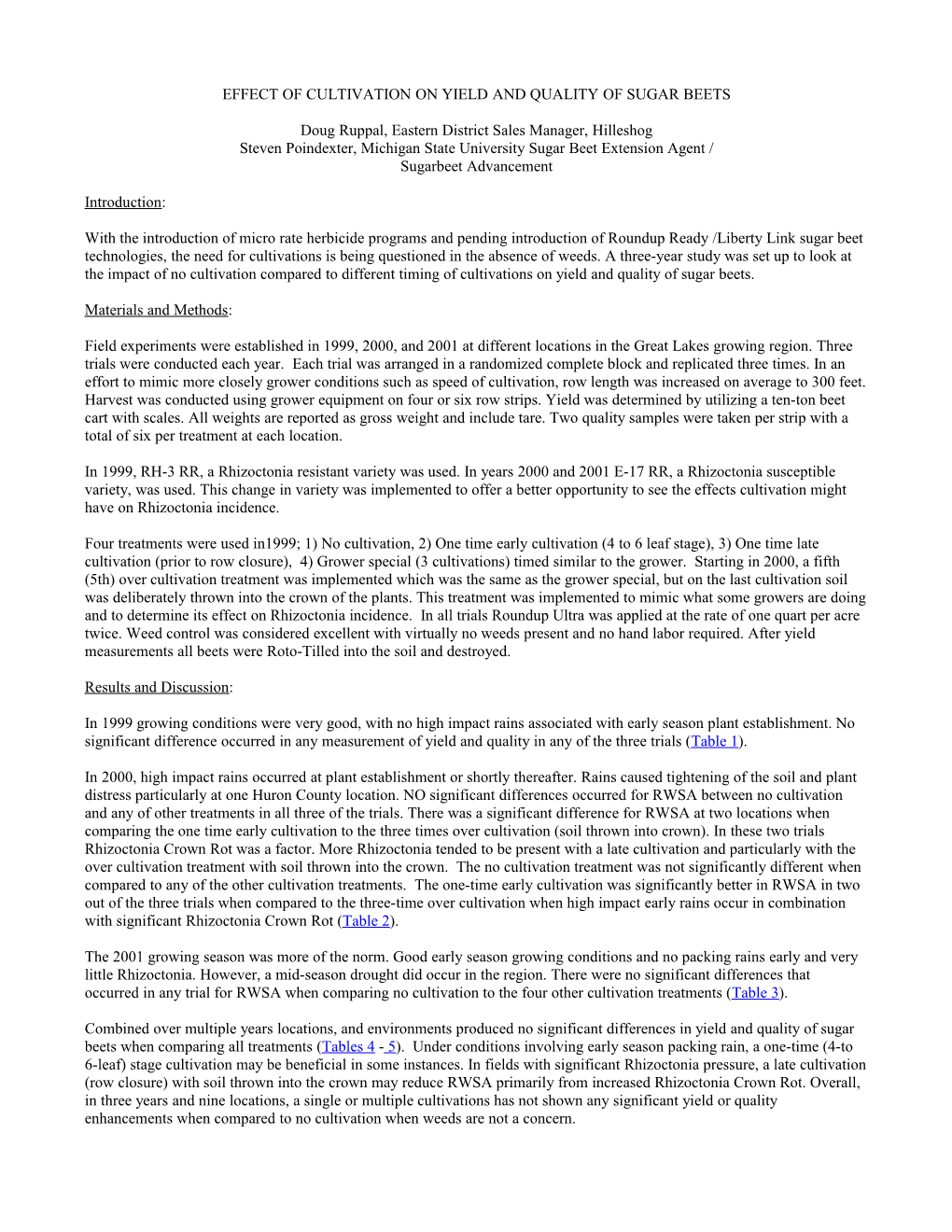 Effct of Cultivation on Yield and Quality of Sugarbeets