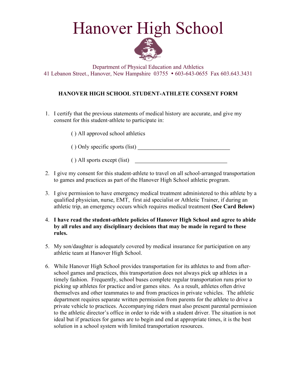 Hanover High School Student-Athlete Consent Form