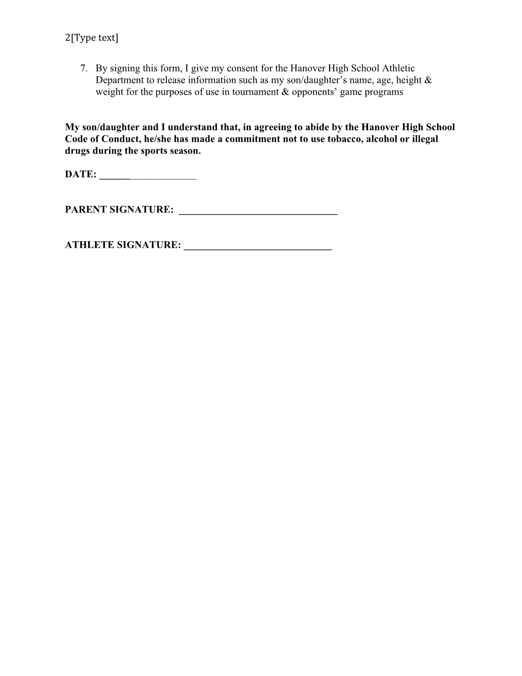 Hanover High School Student-Athlete Consent Form
