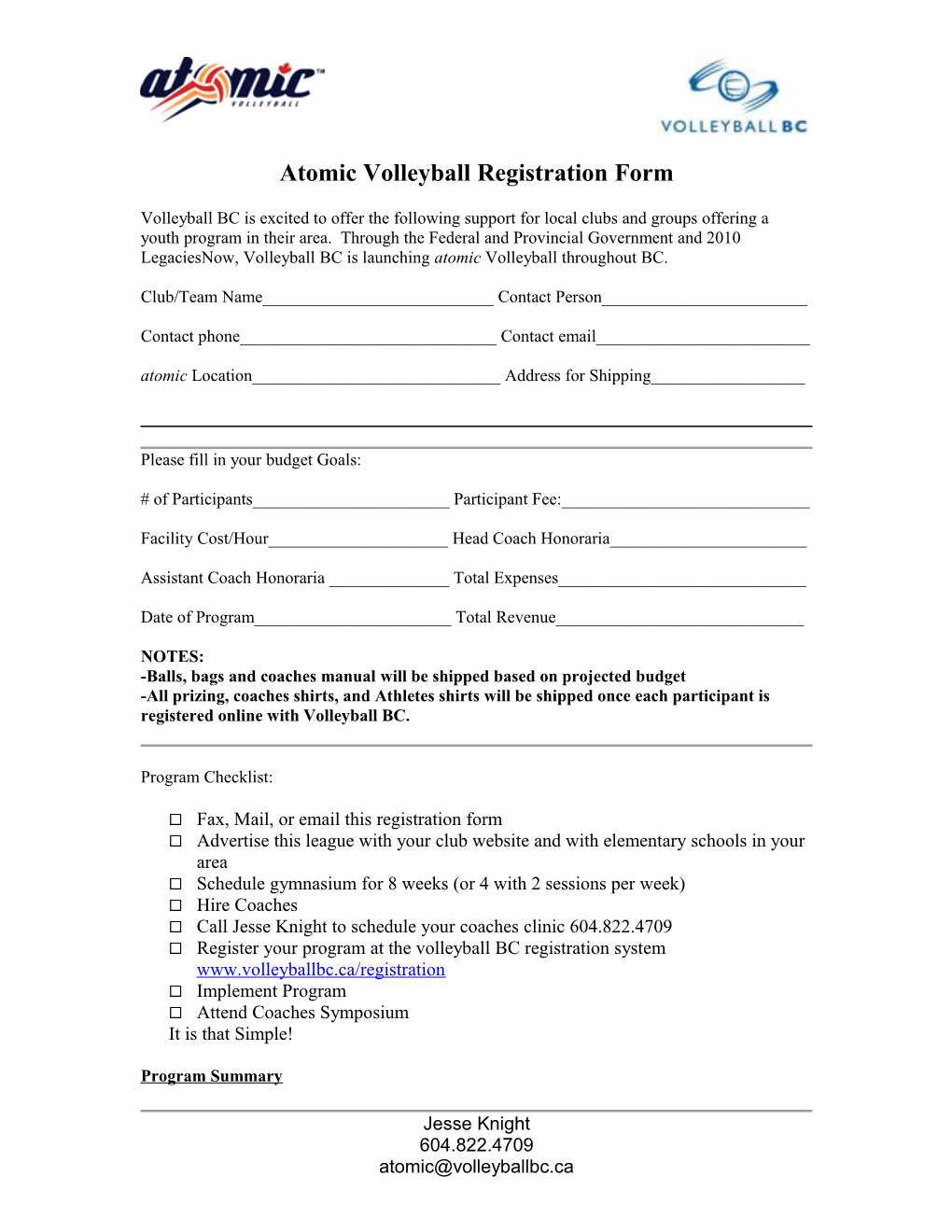 Atomic Volleyball Registration Form