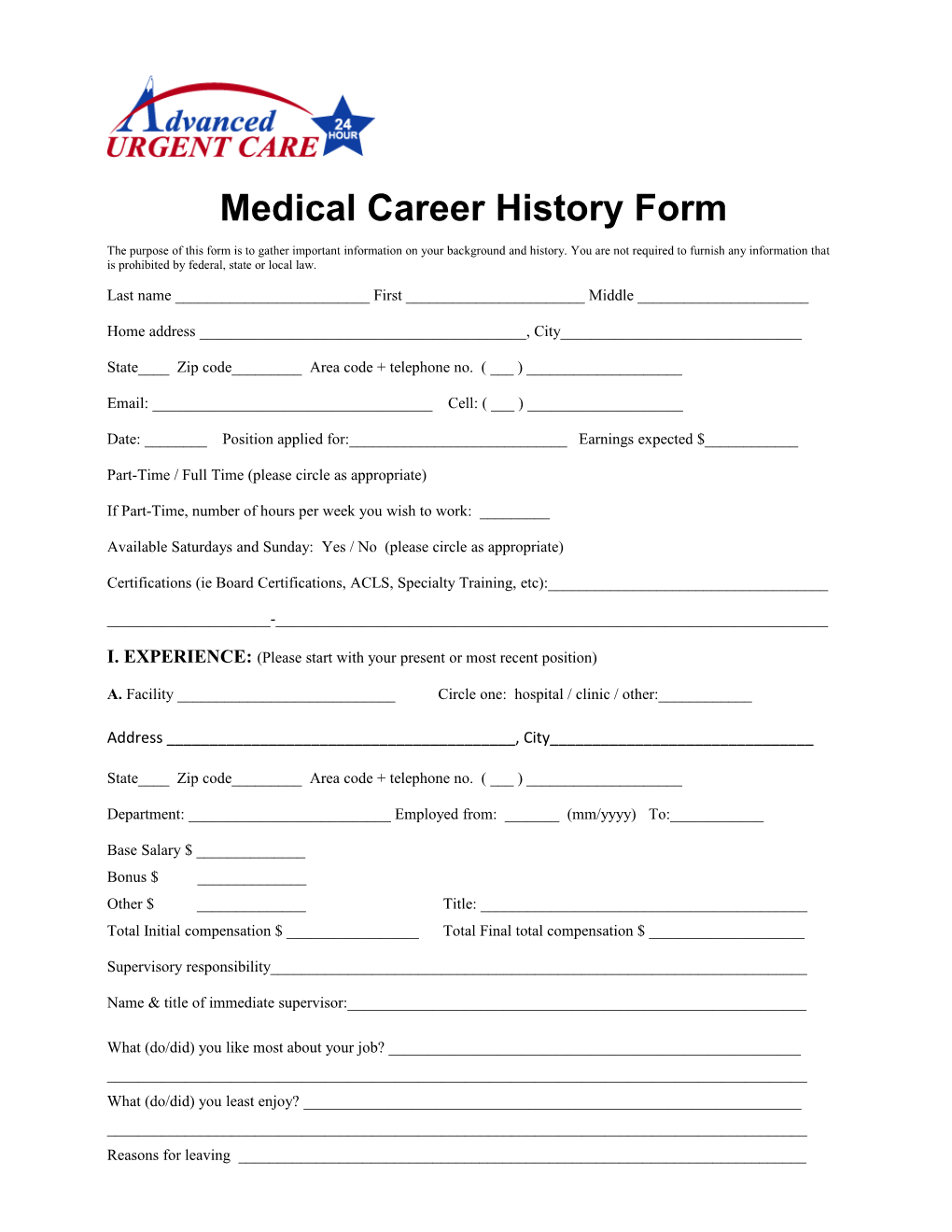 Medical Career History Form