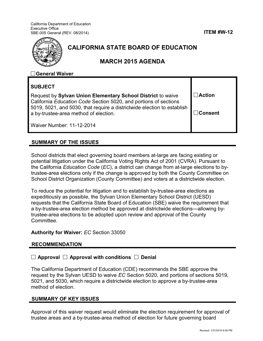 March 2015 Waiver Item W-12 - Meeting Agendas (CA State Board of Education)