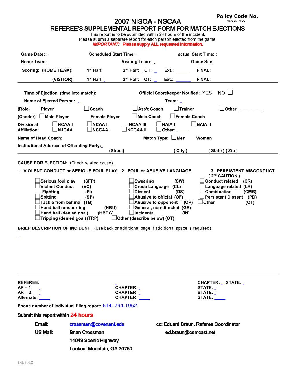 Referee S Supplemental Report Form for Match Ejections