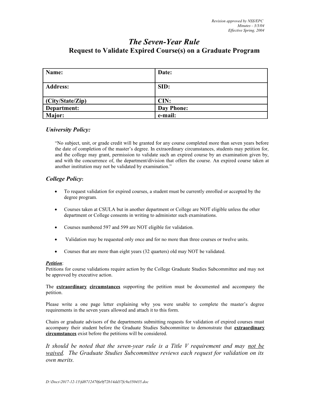 Request to Validate Expired Course(S) on a Graduate Program