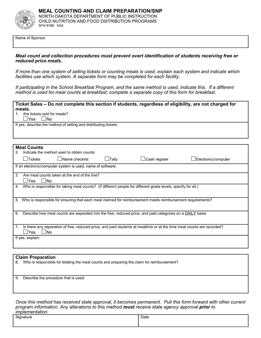 Meal Counting and Claim Preparation/SNP - SFN 9188