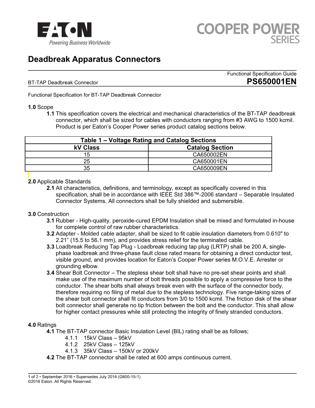 Functional Specification for BT-TAP Deadbreak Connector
