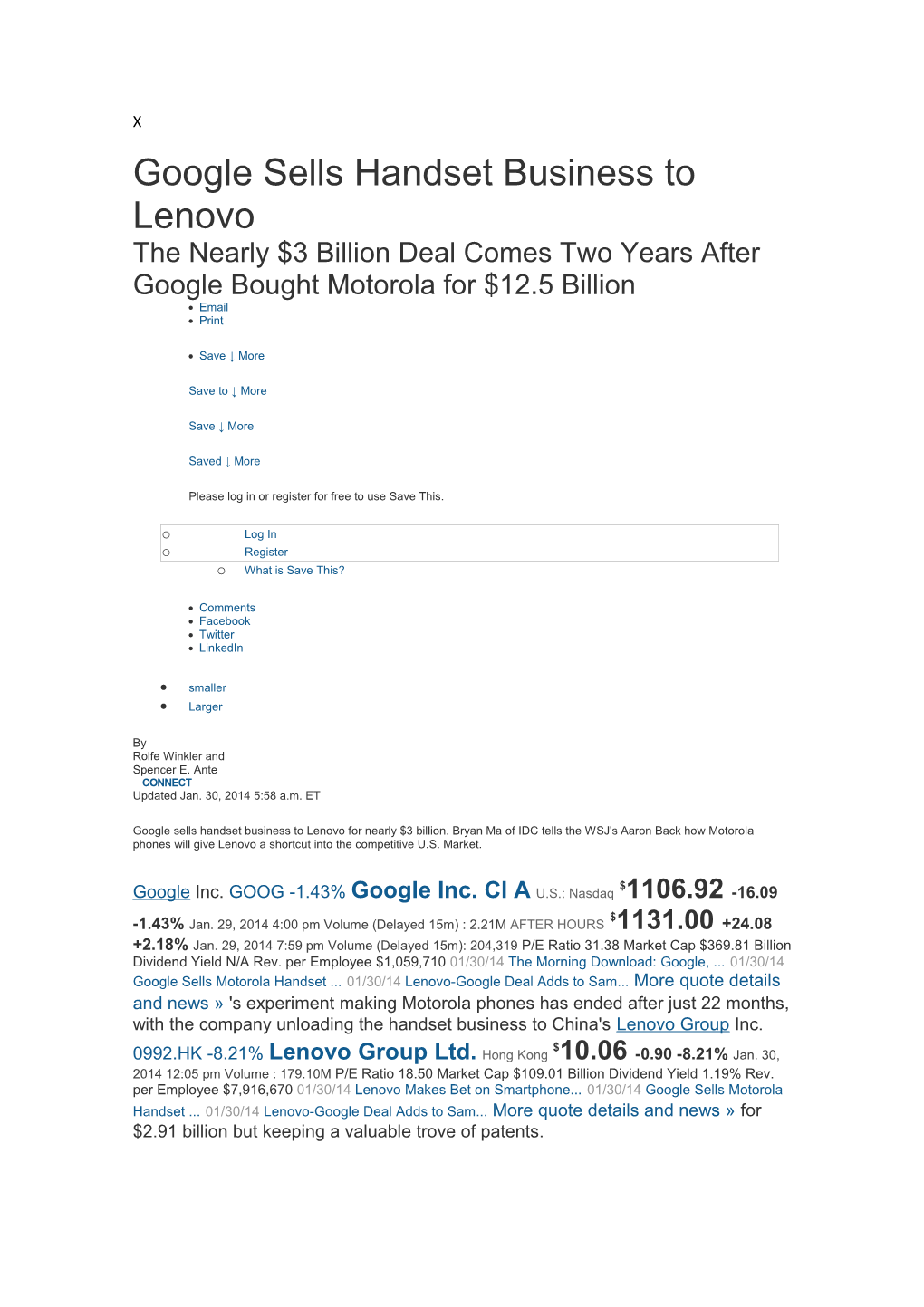 Google Sells Handset Business to Lenovo
