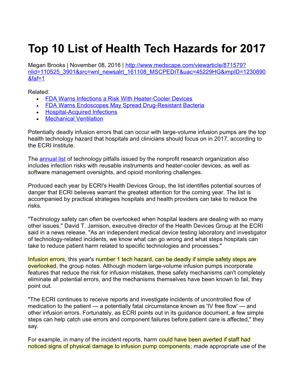 Top 10 List of Health Tech Hazards for 2017