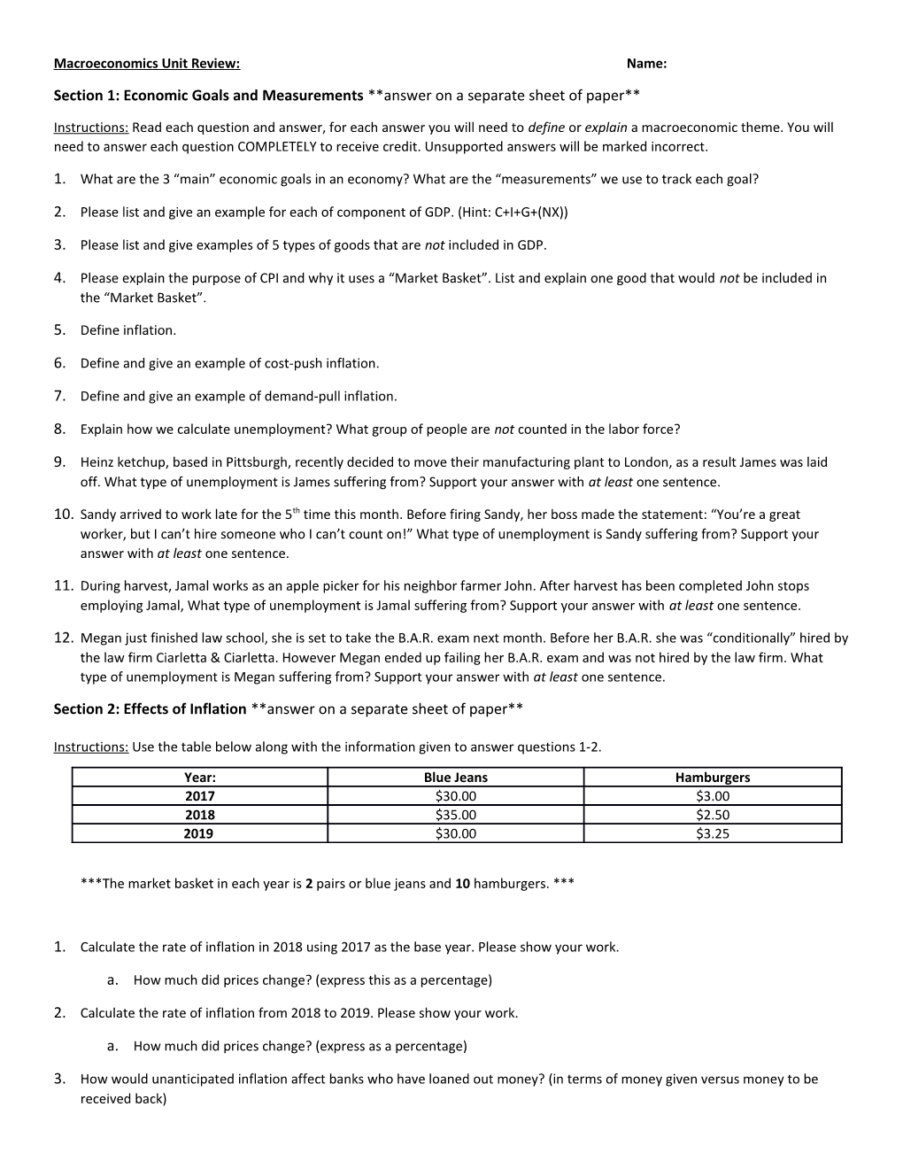 Macroeconomics Unit Review: Name