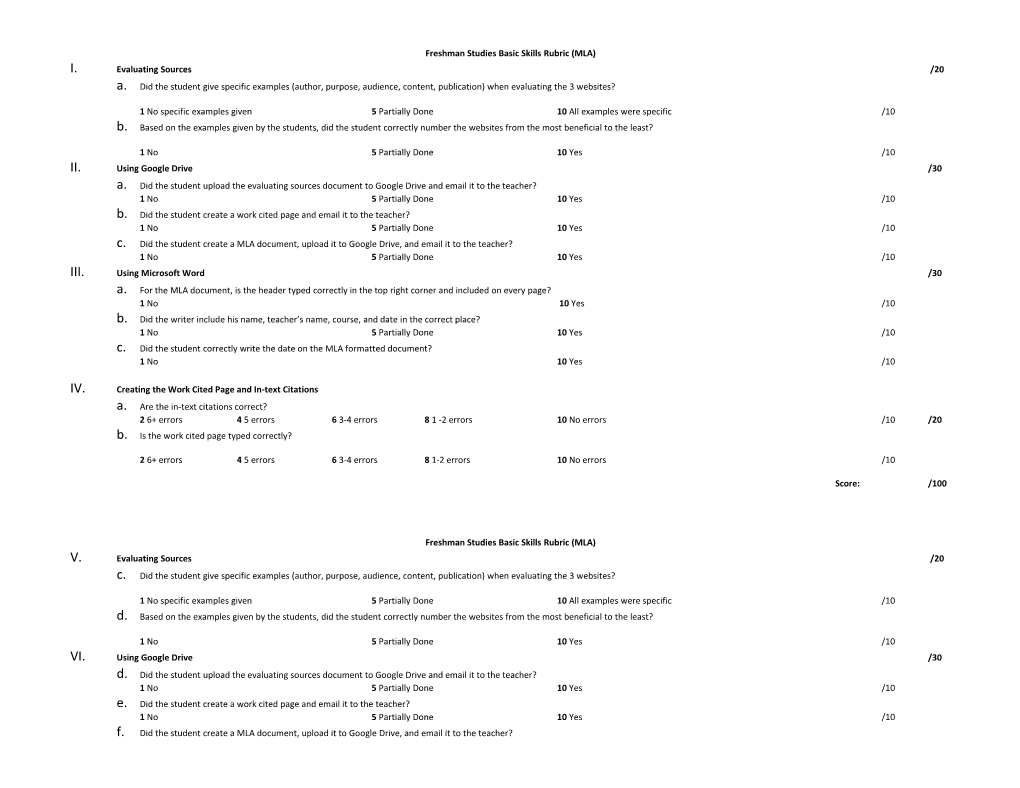 Freshman Studies Basic Skills Rubric (MLA)