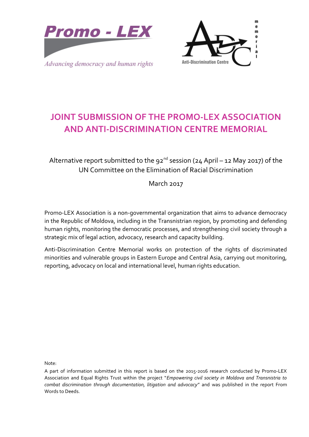 Joint Submission of the Promo-Lex Association and Anti-Discrimination Centre Memorial