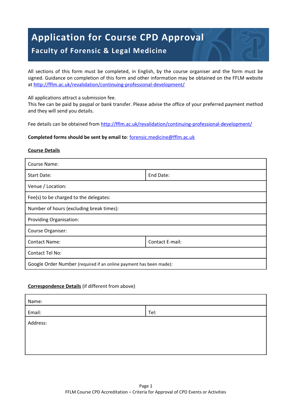 Application Form for Course Cpd Approval from the Faculty of Forensic and Legal Medicine